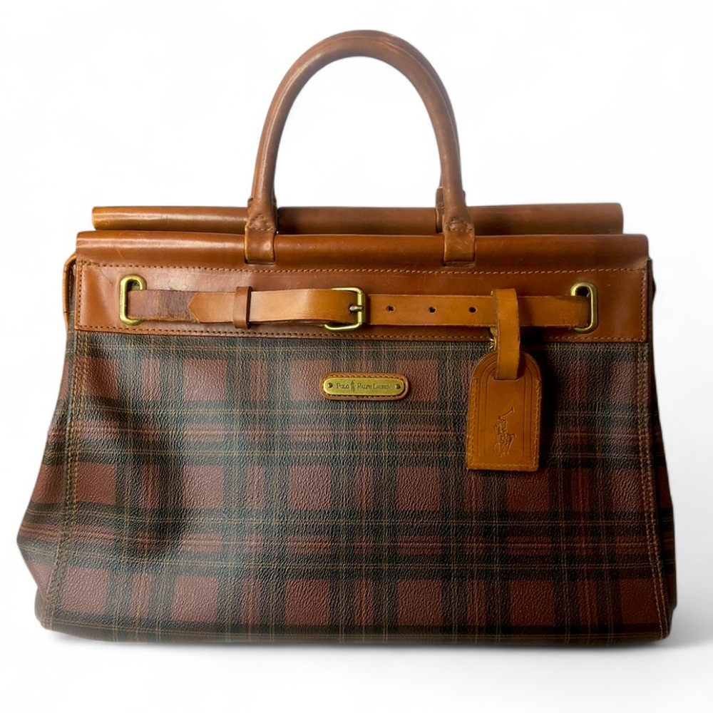 RALPH LAUREN Tartan Plaid Brown Green Doctor Boston Weekend Travel Suitcase - Picture 17 of 17